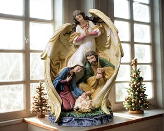 Kerststalbeeld engel 30 cm | Heilige Familiebeeldje met beschermengel | Katholiek decoratiecadeau