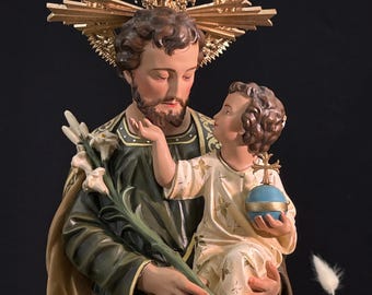 Handgemaakt standbeeld van Sint-Jozef met het kindje Jezus, standbeeld van Sint-Jozef de arbeider, handgeschilderde katholieke religieuze voorwerpen