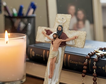 Holy Trinity Cross 23cm | Hand-Painted Catholic Wall Crucifix | God the Father & Jesus Figurine Decor