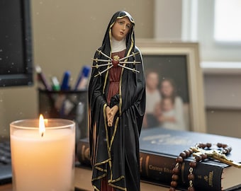 Standbeeld Onze-Lieve-Vrouw van Smarten 30 cm | Handgeschilderd beeldje van de Maagd Maria | Katholiek religieus decor