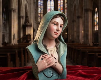 Buste van de Maagd Maria – Handgeschilderd beeld voor familiealtaar | Katholieke decoratie | Christelijk cadeau