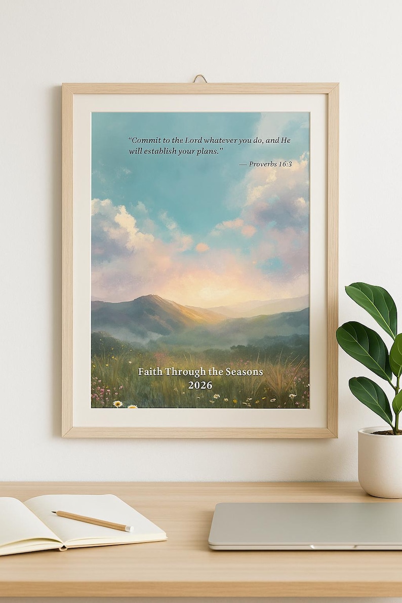 May include: Framed art print featuring a landscape painting with a quote from Proverbs 16:3: "Commit to the Lord whatever you do, and He will establish your plans." The artwork is titled "Faith Through the Seasons 2026."
