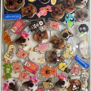 Pode incluir: Uma tampa retangular transparente de recipiente de armazenamento decorada com vários adesivos coloridos de animais de desenho animado, cães, porcos, patos e caixas de suco. Os adesivos incluem textos como "silly goose" e "i'm just a girl".