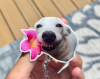 Silly Dog With Flower Badge Reel ID Holder