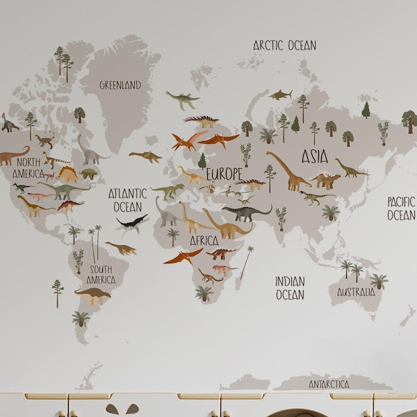 dinosaur wall decals, kids room wall stickers, dinosaur map wall stickers