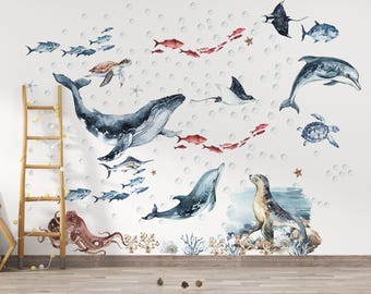 Ocean Animals Wall Decal Set – Watercolor Whale, Dolphin, Turtle & Fish Stickers for Kids Nursery Room