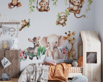 Safari Nursery Wall Decals for Kids Room, Elephant and Giraffe Jungle Theme, Newborn Gift