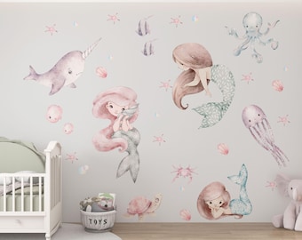 Mermaid Watercolor Wall Decals, Ocean Nursery Decor