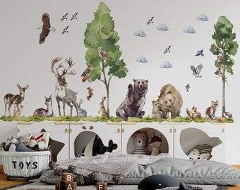 May include: A wall decal featuring watercolor illustrations of forest animals, including a deer, bear, fox, and owl, with trees, clouds, and birds. The decal is designed to decorate a child's room.