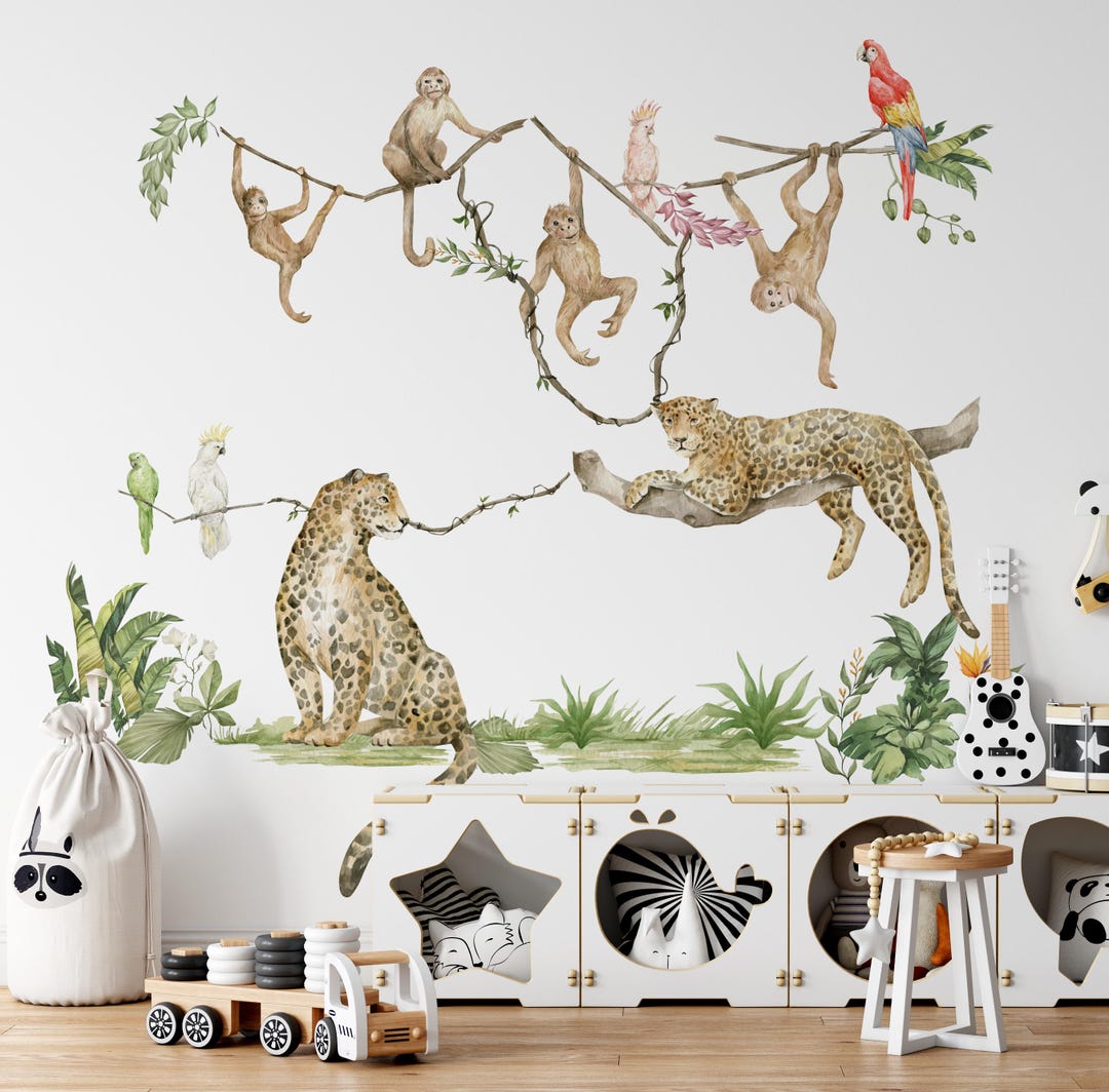Jungle Wall Decals, Safari Wall Stickers With Leopard and Monkeys - Etsy