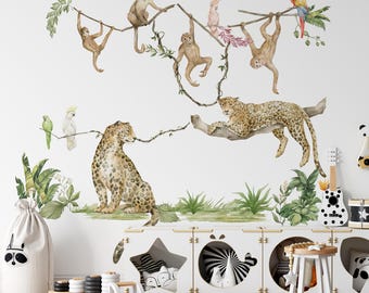 Jungle wall decals, safari wall stickers with leopard and monkeys