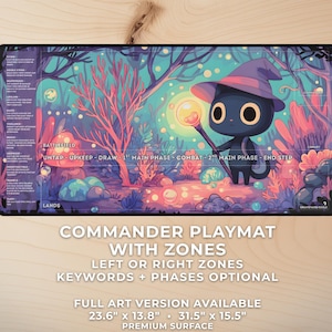MTG Playmat with Zones – Kawaii Cat Wizard | Commander EDH Playmat | Magic The Gathering Game Mat | Cute Fantasy