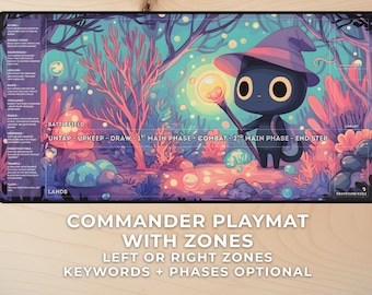 MTG Playmat with Zones – Kawaii Cat Wizard | Commander EDH Playmat | Magic The Gathering Game Mat | Cute Fantasy