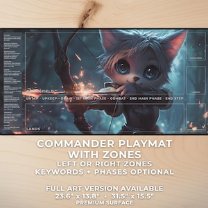 May include: A Commander playmat with zones, featuring a fantasy illustration of a cat archer with a bow and arrow. The mat has a premium surface and is 23.6" x 13.8" or 31.5" x 15.5". Text on the mat reads "Commander Playmat with Zones".