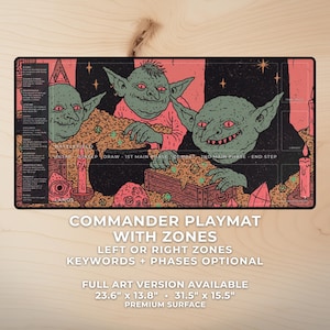 May include: Commander playmat with zones featuring goblin illustrations, a treasure chest, and candles. The mat measures 23.6" x 13.8" and 31.5" x 15.5". Includes text: "Commander Playmat With Zones" and "Full Art Version Available".