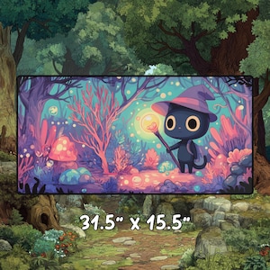 Playmat showing an illustration of a black cat wizard in a magical forest, displayed over a woodland background with text reading 31.5 by 15.5 inches.
