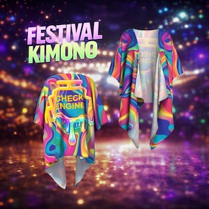 Check Engine Rave Kimono – Psychedelic Festival Kimono Cardigan – Trippy Drip Streetwear – EDM Outfit – Burning Man Outfit – Flowy Cover Up