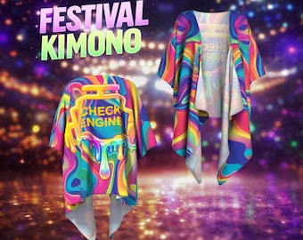 Kimono Check Engine Rave – Kimono de festival psicodélico – Ropa urbana con estampado psicodélico – Atuendo EDM – Atuendo Burning Man – Cubrebocas fluido
