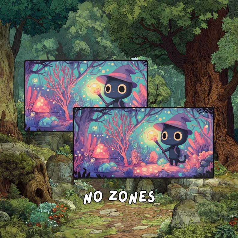 Two playmats displayed over a forest floor, demonstrating the version with no printed zones.