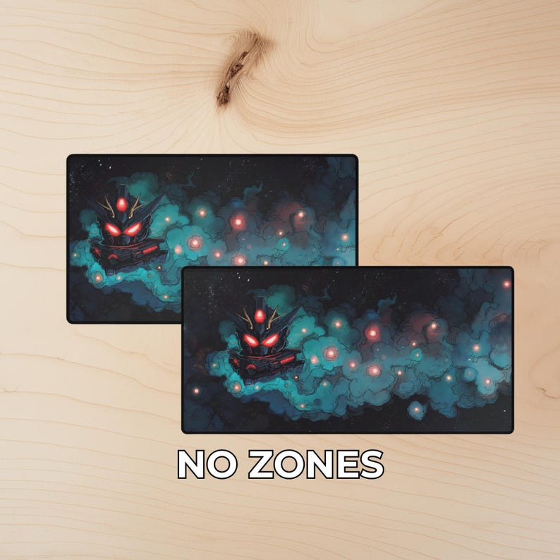 Puede incluir: Dos alfombrillas de rat&oacute;n rectangulares con un dise&ntilde;o c&oacute;smico. Cada alfombrilla presenta un fondo oscuro con una nave espacial estilizada, ojos rojos brillantes y nubes de nebulosa turquesa. El texto "NO ZONES" est&aacute; en la parte inferior.