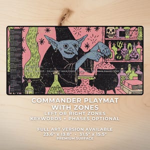 May include: Commander playmat with zones featuring a goblin character, potions, and text. The mat is rectangular, with dimensions of 23.6" x 13.8" and 31.5" x 15.5". The design includes pink, black, green, and blue colors.