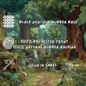 An informational graphic detailing the black non-slip rubber base, polyester front fabric, and sewn-in label.