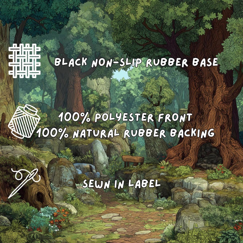 An informational graphic detailing the black non-slip rubber base, polyester front fabric, and sewn-in label.