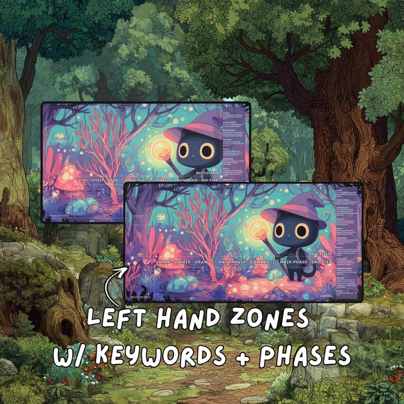 Two overlapping playmats featuring a black cat wizard in a magical forest, with text overlay pointing to left hand zones with keywords and phases.