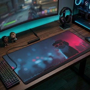 May include: A gaming mouse pad featuring a cat wearing headphones and sunglasses, set against a blue and red gradient background. The pad is rectangular and sits on a wooden desk, alongside a keyboard, mouse, and figurines.