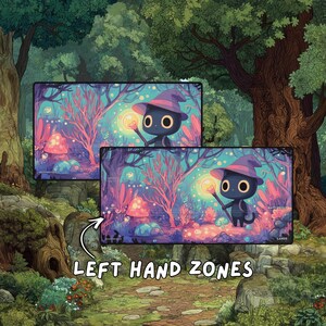 Two playmats shown over a woodland scene, highlighting the option featuring left-hand game zones.
