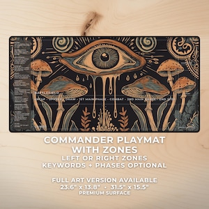 May include: Commander playmat with a black background featuring an eye, mushrooms, and botanical elements. The mat includes zones for gameplay and text that reads "Commander Playmat with Zones". Dimensions are 23.6" x 13.8" and 31.5" x 15.5".
