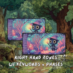 Two overlapping playmats showing a black cat wizard in a fantasy woodland, with text overlay pointing to right hand zones with keywords and phases.