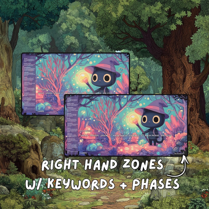 Two overlapping playmats showing a black cat wizard in a fantasy woodland, with text overlay pointing to right hand zones with keywords and phases.
