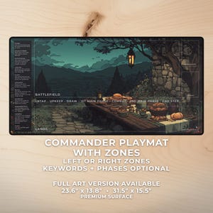 May include: A rectangular Commander playmat with zones, featuring a detailed fantasy landscape illustration. The mat includes game phases and zones, with dimensions of 23.6" x 13.8" and 31.5" x 15.5". The surface is premium.