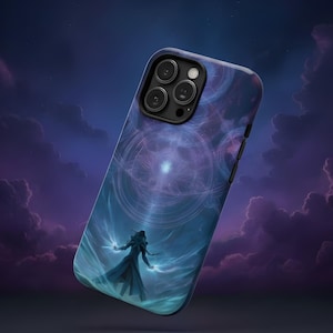 May include: A smartphone case with a fantasy art design. The case has a dark blue and purple background with a figure in a long coat, surrounded by glowing energy. The case has a black camera module.