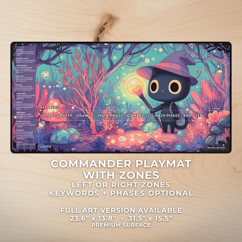 A rectangular playmat featuring a cute black cat wizard holding a glowing staff in a magical forest, with game zones and text overlays.