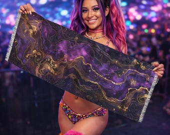 Pashmina Scarf Purple Gold Cosmic – Rave Festival Scarf 27x71 – Psychedelic Galaxy Wrap – Luxury Boho Scarf – Burning Man Outfit