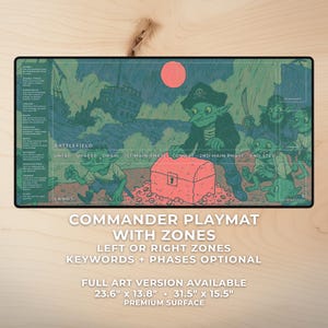 May include: A rectangular Commander playmat with a pirate-themed illustration in shades of blue, green, and red. The mat features zones, keywords, and phases, with dimensions of 23.6" x 13.8" and 31.5" x 15.5".