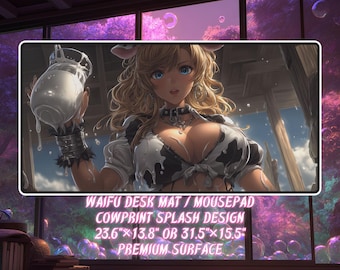 Waifu Anime Playmat | Flirty Cowprint Splash Girl | Spicy Gamer Desk Mat