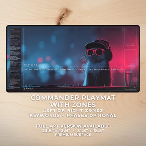 May include: A black playmat with a cat wearing sunglasses and headphones, set against a neon blue and pink background. The mat has zones for gameplay and text that reads "Commander Playmat with Zones". The mat measures 23.6" x 13.8" and 31.5" x 15.5".