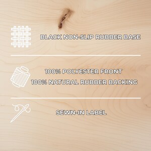 Puede incluir: Imagen que muestra los detalles de construcci&oacute;n de un producto. El texto indica una base de goma antideslizante negra, un frente 100% poli&eacute;ster, un respaldo 100% caucho natural y una etiqueta cosida. Fondo de madera clara.