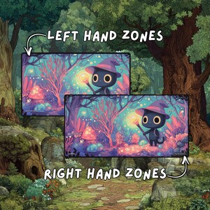 Two playmats displayed over a forest scene, comparing left-hand and right-hand game zone layout options.