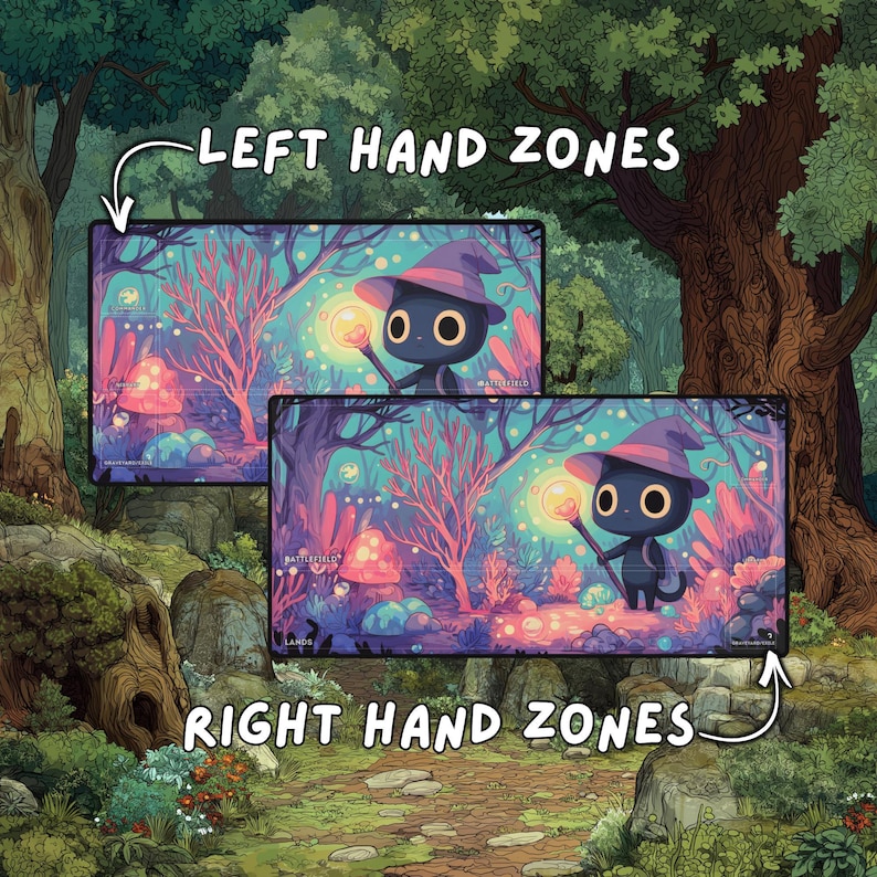 Two playmats displayed over a forest scene, comparing left-hand and right-hand game zone layout options.