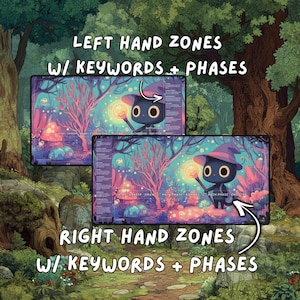 Two playmats set against a forest, showcasing left-hand and right-hand zone configurations that include keyword and phase text.