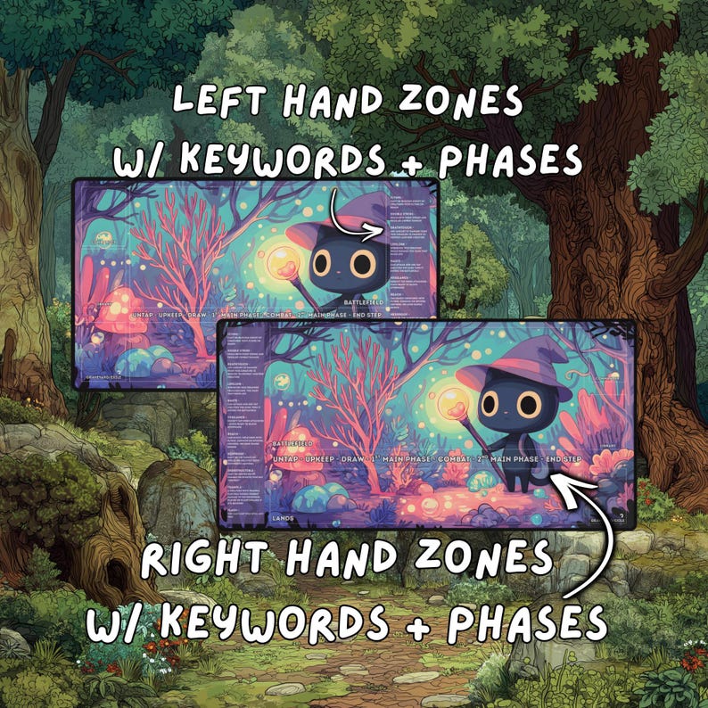 Two playmats set against a forest, showcasing left-hand and right-hand zone configurations that include keyword and phase text.