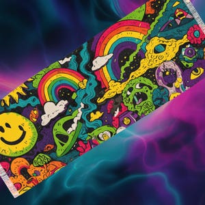 Könnte beinhalten: Ein rechteckiges Stoffstück mit einem lebendigen, mehrfarbigen Grafikdruck auf schwarzem Hintergrund. Das Design zeigt Regenbögen, ein gelbes Smiley-Gesicht, grüne außerirdische Kreaturen, Wolken und abstrakte Formen in leuchtenden Farben.