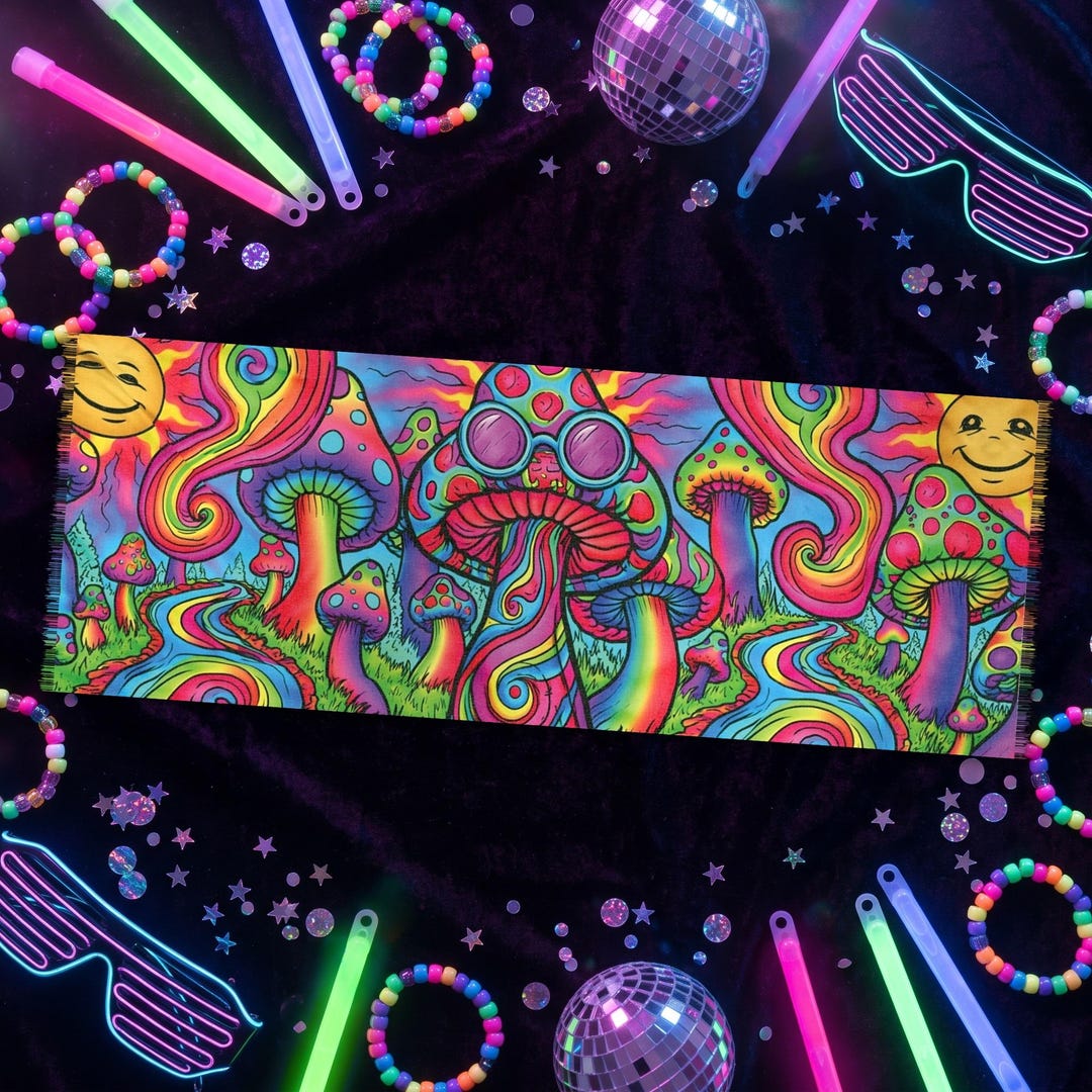 Pasmia Rave Rainbow Mushroom Hippie Pashmina Scarf, Trippy Smiley Sun Rave Pashmina ...