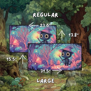 Two playmats shown against a forest background, demonstrating regular and large size options with dimensions indicated by arrows.