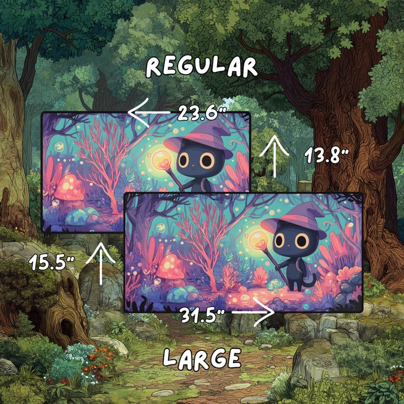Two playmats shown against a forest background, demonstrating regular and large size options with dimensions indicated by arrows.