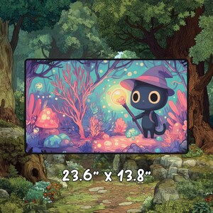 Playmat featuring a black cat wizard holding a glowing staff in a magical forest, shown against a woodland background with text reading 23.6 by 13.8 inches.